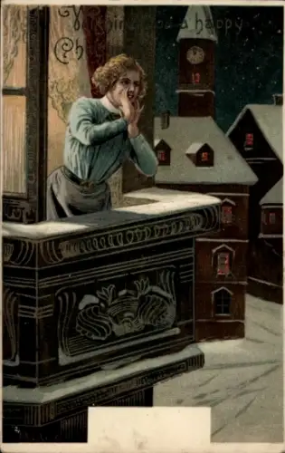 Präge Ak Frohe Weihnachten, Junge Frau ruft vom Balkon