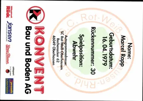 Autogrammkarte Fußballer Marcel Rapp, SC Rot Weiß Oberhausen, Autogramm