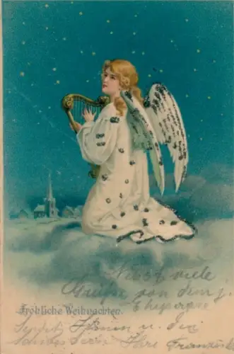 Glitzer Ak Glückwunsch Weihnachten, Engel mit Harfe