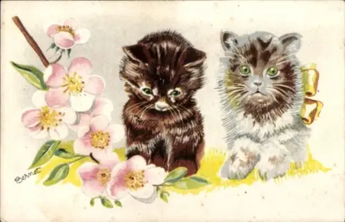 Künstler Ak Bernot, Zwei Katzen, Blüten