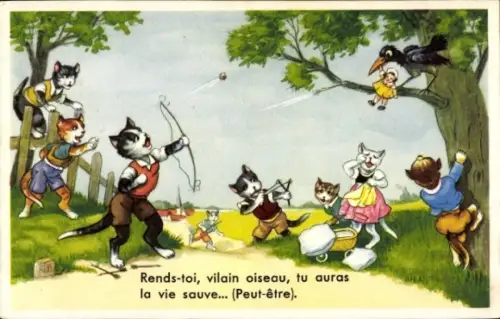 Ak Vermenschlichte Katzen, Rabe