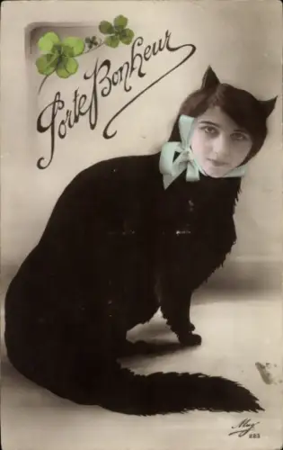 Ak Frau mit Katzenkörper, Glücksklee, Kitsch