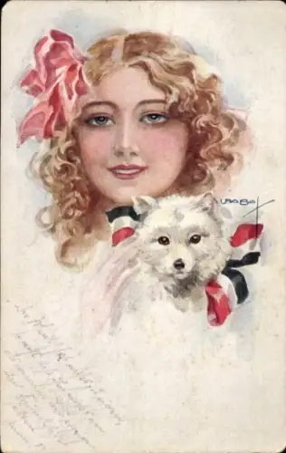 Künstler Ak Mädchen mit Hund, Portrait