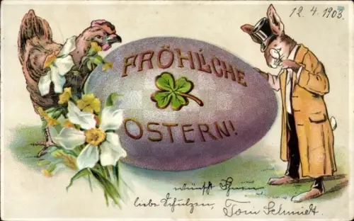Ak Glückwunsch Ostern, Henne, Osterhase, Osterei, Glücksklee