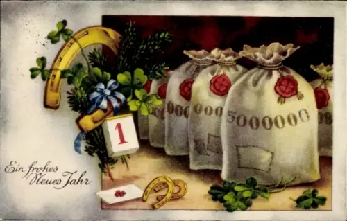 Ak Glückwunsch Neujahr, Geldsack, Hufeisen, Kalender, Glücksklee