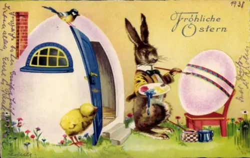 Ak Glückwunsch Ostern, Osterhase bemalt Osterei, Eierhaus, Küken