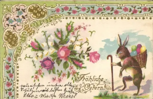 Präge Ak Glückwunsch Ostern, Osterhase, Ostereier, Blumen