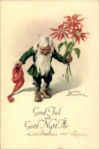 Künstler Ak Nyström, Jenny, Frohe Weihnachten, Fröhliches Neujahr, Zwerg überreicht Blumen
