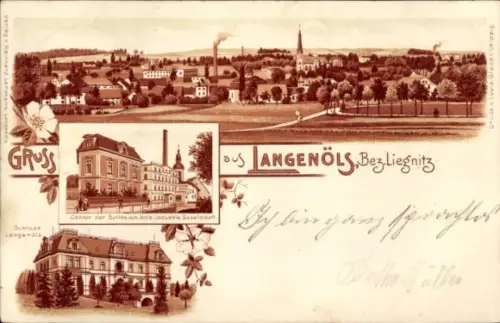 Litho Olszyna Langenöls Niederschlesien, Gesamtansicht, Kontor Schles. Holz-Industrie-Ges., Schloss