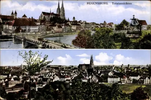 Ak Regensburg an der Donau Oberpfalz,  Totalansichten, Stadtansicht, Fluss, Brücke