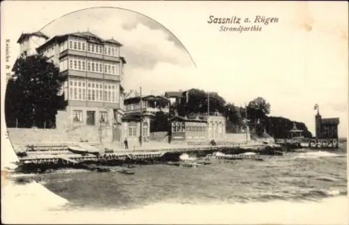 Ak Sassnitz auf Rügen, Sassnitz a. Rügen, Strandpartie, Meer, Gebäude