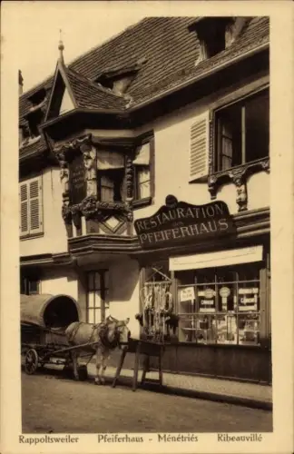 Ak Ribeauvillé Rappoltsweiler Elsass Haut Rhin, Pfeiferhaus,  Pferd vor Restaurant, Schilder