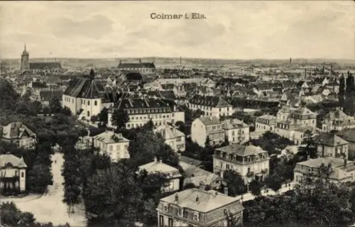 Ak Colmar Kolmar Elsass Haut Rhin, Stadtansicht von  Häuser, Bäume, Kirche