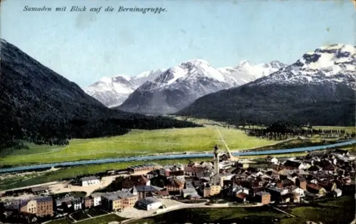 Ak Samaden Samedan Kanton Graubünden, Berglandschaft,  Berninagruppe, Fluss, Häuser