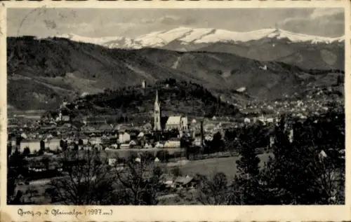 Ak Graz Steiermark, Berglandschaft, Stadt  Kirche, schneebedeckte Berge