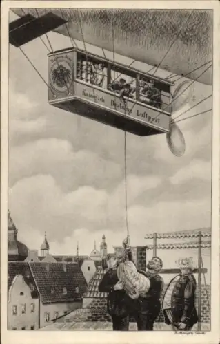 Künstler Ak Briefpostbeförderung, Kaiserl. Deutsche Luftpost, Zeppelin Luftschiff nimmt Postsack auf