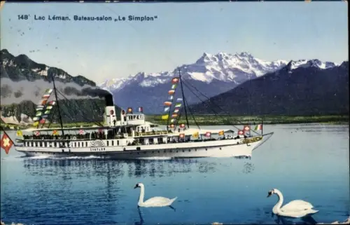 Ak Lac Leman, Bateau Salon Le Simplon, Salondampfer, Schwäne