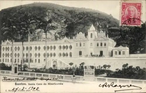 Ak Santos Brasilien, Krankenhaus, Santa Casa da Misericordia, Berg im Hintergrund, Poststempel