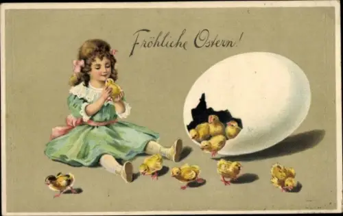 Präge Ak Glückwunsch Ostern, Mädchen, Küken, Osterei