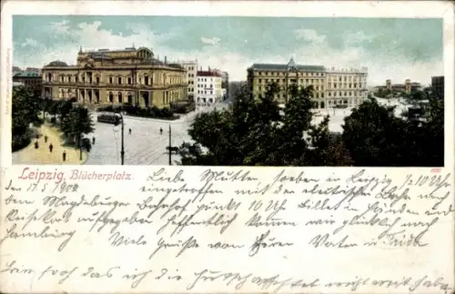 Ak Leipzig in Sachsen, Blücherplatz, Börse, Thüringer Bahnhof