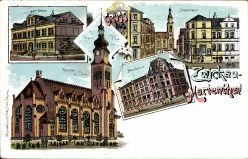 Litho Marienthal Zwickau in Sachsen, Kirche, Neue Schule, Alte Schule, Schulstraße