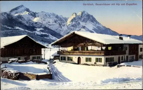 Ak Garmisch Partenkirchen in Oberbayern, Bauernhäuser mit Alp und Zugspitze im Winter