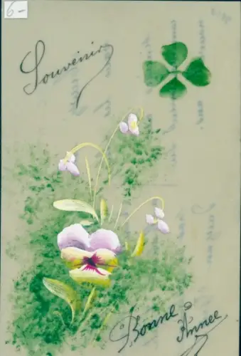 Zelluloid Ak Stiefmütterchen, Glücksklee, Kitsch