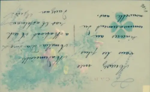 Zelluloid Ak Stiefmütterchen, Glücksklee, Kitsch