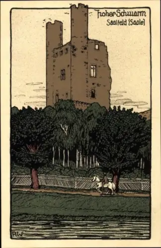 Steindruck Ak Saalfeld an der Saale Thüringen, Hoher Schwarm, Burgruine, Saaleburg