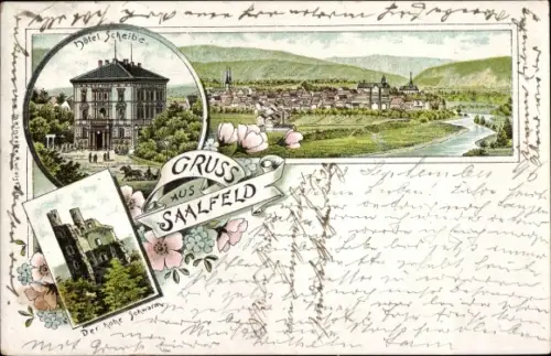 Litho Saalfeld an der Saale Thüringen, Totalansicht, Hoher Schwarm, Hotel Scheibe