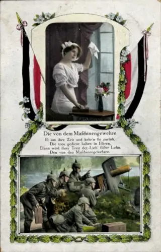 Ak Die von dem Maschinengewehre, deutsche Soldaten mit Geschütz, Frau winkt am Fenster
