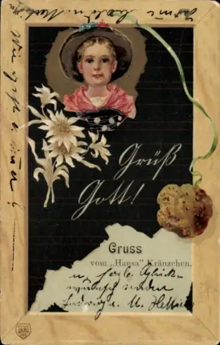 Präge Litho Grüß Gott, Schiefertafel mit Schwamm, Mädchenportrait, Edelweiß