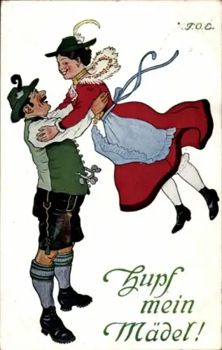 Künstler Ak Engelhard, P.O.E., Hupf mein Mädel, Paar in bayrischen Trachten, Lederhosen