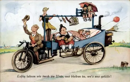 Ak Neuestes Einfamilienbettmotorrad, Motorrad mit Familienwagen, Grammophon