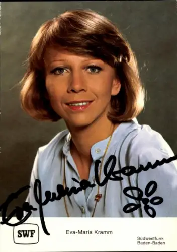 Autogrammkarte Eva-Maria Kramm, Südwestfunk Baden Baden, Portrait, Autogramm