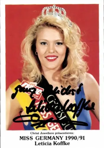 Autogrammkarte Miss Germany Leticia Koffke, Portrait, Autogramm, Schärpe, Krone