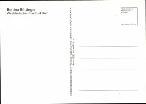 Autogrammkarte Moderatorin Bettina Böttinger, Portrait, Autogramm