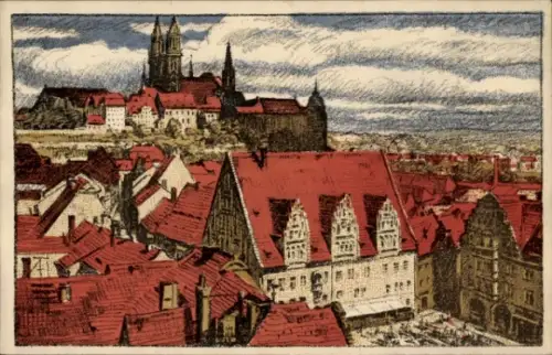 Steindruck Ak Meißen an der Elbe, Gesamtansicht, Steinzeichnung Arthur Barth