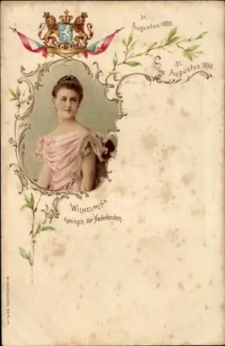 Wappen Passepartout Litho Wilhelmina, Königin der Niederlande, Portrait