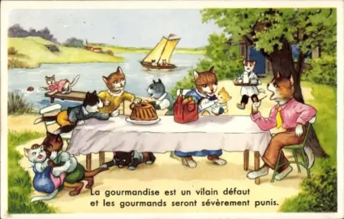 Ak Vermenschlichte Katzen, See, Segelboot