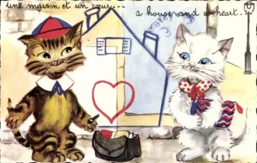 Ak Vermenschlichte Katzen, ein Haus und ein Herz