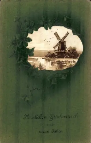 Passepartout Ak Glückwunsch Neujahr, Windmühle