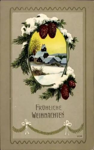 Präge Ak Glückwunsch Weihnachten, Tannenzweige, Zapfen, Dorf