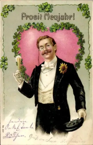 Litho Glückwunsch Neujahr, Mann mit Sektglas, Klee