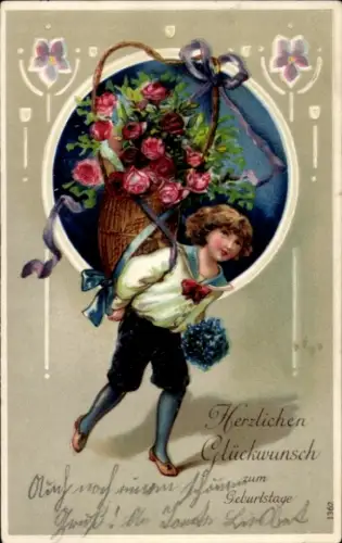 Litho Glückwunsch Geburtstag, Junge, Blumen