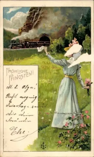 Litho Glückwunsch, Pfingsten, Eisenbahn, Frau winkt mit einem Tuch