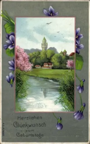 Präge Passepartout Ak Glückwunsch Geburtstag, Dorfidyll