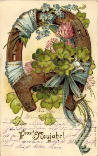 Präge Ak Glückwunsch Neujahr, Kleeblatt, Hufeisen