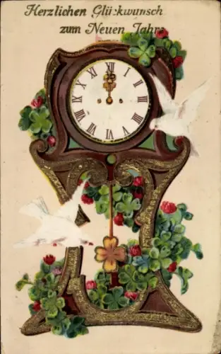 Präge Ak Glückwunsch Neujahr, Kleeblatt, Uhr