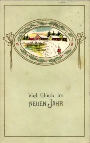 Passepartout Ak Glückwunsch Neujahr, Dorfidyll